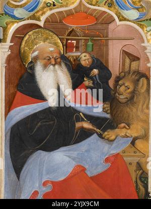 Saint Jerome Extracting a Thorn from a Lion's Paw, second quarter of 15th century. Additional info: This leaf depicts a story from the life of Saint Jerome (about 341-420), one of the four doctors of the Church. One day, a lion entered the monastery where Jerome resided, causing his fellow monks to flee, but Jerome recognized that the beast was injured and he cured it by removing a thorn from its paw. The saint's monumental form fills the foreground of the composition, setting off the delicate gold tweezers Jerome uses to extract the thorn. In the background, a monk approaches with a pot of oi Stock Photo