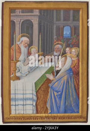 The Presentation in the Temple, 1498-1499.  Additional Info:This leaf depicting the Presentation in the Temple originally comes from a manuscript known as the Hours of Louis XII. Mary is seen in half-length, situated at the front of the space, close to the viewer. We seem to peer over her shoulder at the scene of the presentation of her infant son at the altar of the priest Simeon. The purpose of compositions such as this one, which were increasingly popular in the second half of the 1400s, was to bring viewers physically closer to the narrative and actively engage them in the event being port Stock Photo