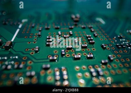 Motherboard closeup. CPU electrons. Circuit board with electrons ...