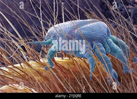 Bee mite. Coloured scanning electron micrograph (SEM) of a bee mite (Subclass Acari). These parasitic mites attach to the body of the bee and weaken it by sucking haemolymph, the insect's 'blood'. In doing this the mites can spread viruses to the bee. A significant mite infestation will lead to the death of a honey bee colony and may be a contributing factor to Colony Collapse Disorder (CCD). Magnification: x60 when printed 10 centimetres wide. Stock Photo