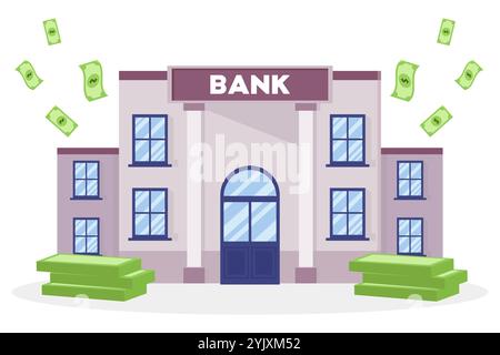 bank building illustration in flat design style with money Stock Vector
