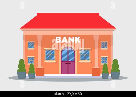 bank building illustration in flat design style with plant Stock Vector