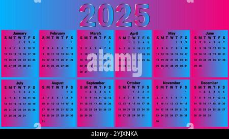 Calendar 2025 with attractive sky blue and magenta theme Stock Vector