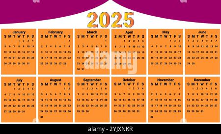 Modern 2025 calendar featuring an orange background for each month, complemented by a stylish purple curtain design Stock Vector