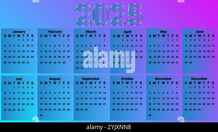 Calendar 2025 with blue background to each month The year 2025 prominently displayed at top in a bold and all month black text Stock Vector