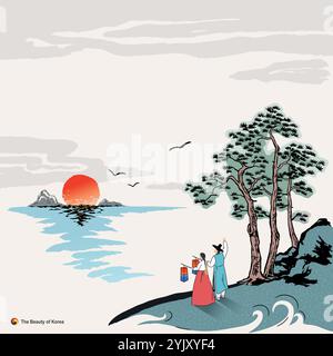 Beautiful Korea, couple wearing Hanbok to welcome New Year, sunrise over the sea, ink painting landscape, traditional Korean painting illustration. Stock Vector
