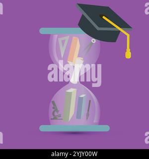 Hourglass with graduation cap and different education symbols inside Stock Vector