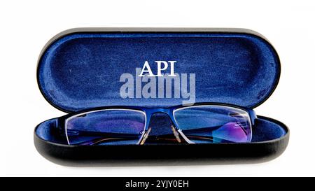 API (application program interface). The concept of technology and development. Phrase, words, text API written on the open case of the glasses case. Stock Photo
