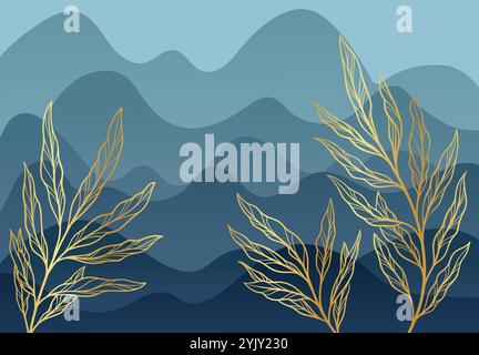 Background with minimalistic leaves. Golden minimal leaves. Abstract creativity and art. Luxury magnolia. Autumn and spring branches. Wallpaper and ba Stock Vector