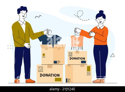 People with clothing donations. Man and woman near cardboard boxes with clothes. Charity foundation volunteers. Kindness and generosity. Linear vector Stock Vector