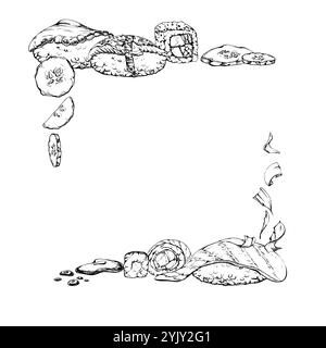Japanese food nigiri sushi, alaska maki roll, raw fish octopus tako slice, unagi salmon sesame cucumber slices, hand drawn in vector pen, ink. Frame Stock Vector