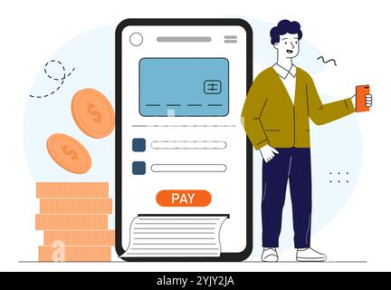Man with electronic wallet. Young guy with smartphone with digital money. Cashless transfers and transactions. Online shopping. Linear vector Stock Vector