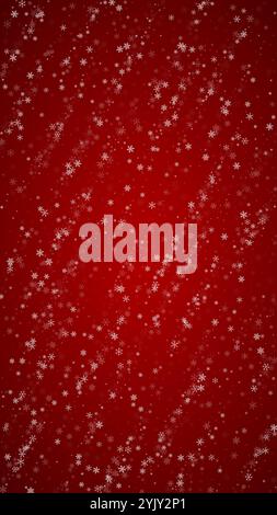 Magic falling snow christmas background. Subtle flying snow flakes and stars on christmas red background. Magic falling snow holiday scenery. Vertical Stock Vector