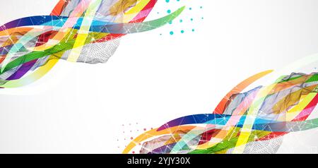 Abstract wireframe wave with colored lines in wave style. Plexus effect. Hand drawn vector. Stock Vector