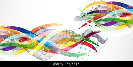 Abstract wireframe wave with colored lines in wave style. Plexus effect. Hand drawn vector. Stock Vector