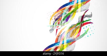 Abstract wireframe wave with colored lines in wave style. Plexus effect. Hand drawn vector. Stock Vector