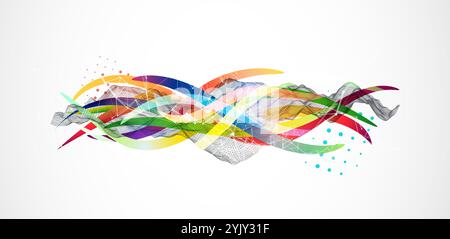 Abstract wireframe wave with colored lines in wave style. Plexus effect. Hand drawn vector. Stock Vector