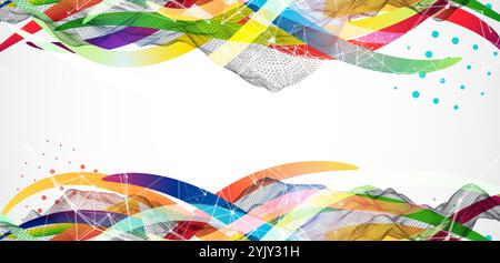Abstract wireframe wave with colored lines in wave style. Plexus effect. Hand drawn vector. Stock Vector