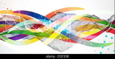 Abstract wireframe wave with colored lines in wave style. Plexus effect. Hand drawn vector. Stock Vector