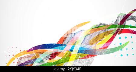 Abstract wireframe wave with colored lines in wave style. Plexus effect. Hand drawn vector. Stock Vector