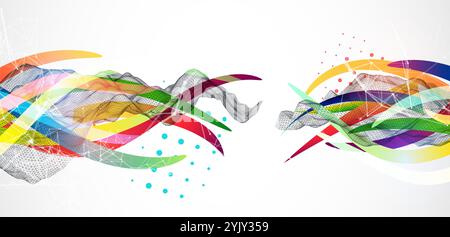 Abstract wireframe wave with colored lines in wave style. Plexus effect. Hand drawn vector. Stock Vector