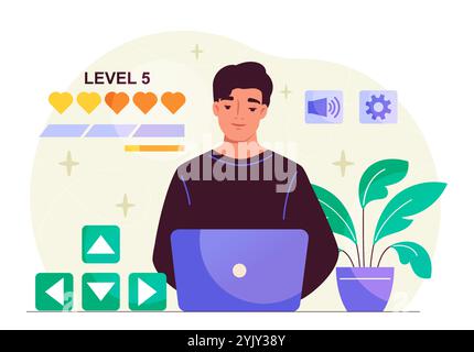 Man play games. Young guy with laptop playing video games. Gamer and esportsman, cyberathlete. Fun and entertainment, gaming. Flat vector illustration Stock Vector