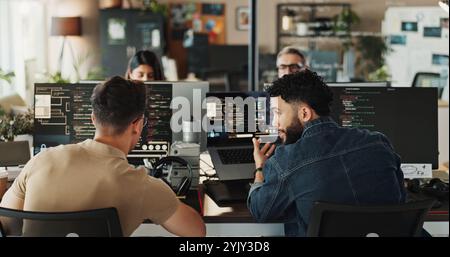 Man, developer and help with coding on computer screen in office for testing web application or troubleshooting. Programming, staff and employee with Stock Photo