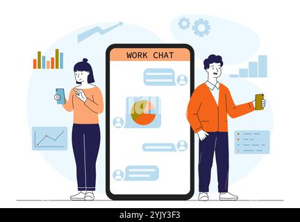 People with work chat. Man and woman near smartphone with graphs and diagrams. Communication and interaction on Internet. Colleagues and partners Stock Vector