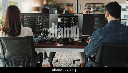 Developer, people and computer with screen in coworking office for web application testing and troubleshooting. Programming, employees and working on Stock Photo