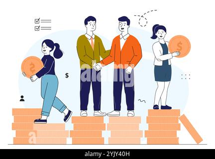 Business team working together. Men and women with gold coins. Collaboration and cooperation. Partners and colleagues working on common project Stock Vector