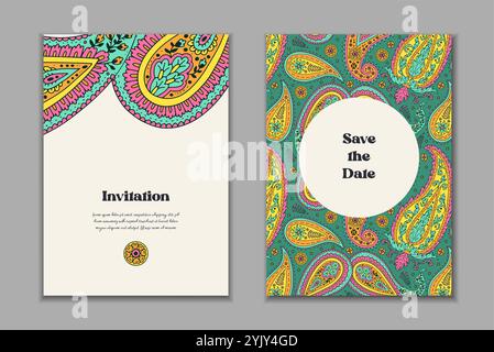Two greeting cards templates set with bright colorful paisley motifs Stock Vector