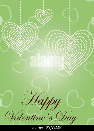 Green card with three hearts hanging from the top and a white heart in the middle. The card says Happy Valentine's Day. Happy Valentine Day with Happy Stock Vector