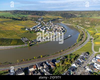 Aerial view of terraced vineyards around Nittel, Rhineland-Palatinate, Germany and views across Moselle River on vineyard hills of Machtum, Luxembourg Stock Photo