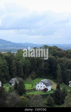 Aerial view of a mountain chalet nestled in the green pastures of ...