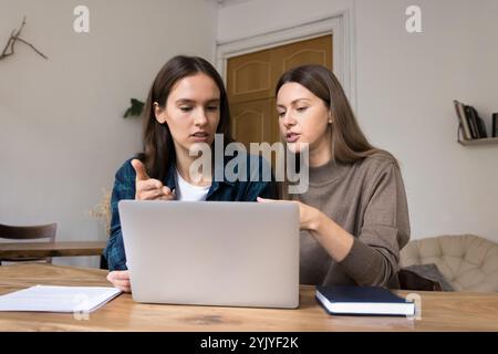 Two women colleagues working together sitting at desk with laptop Stock Photo