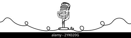 One continuous line illustration of a retro microphone, isolated on white background. Line art of retro microphone Stock Vector