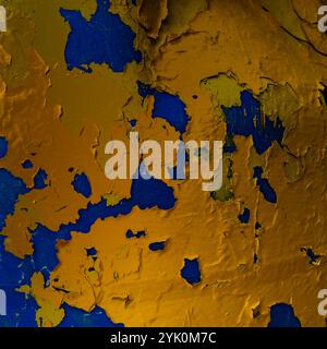 Peeling yellow paint resembling a map on a blue background Stock Photo