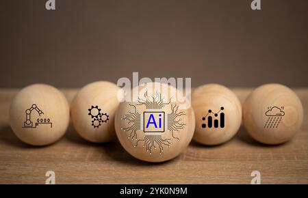AI concept layout. AI icon in a wooden ball on a table. Applications in various fields such as education, weather forecasting, manufacturing industry, Stock Photo