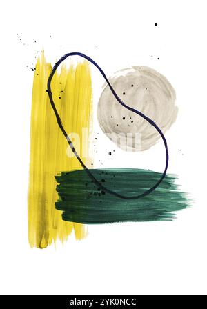 Abstract background, paint strokes, gray, yellow, dark green, overlapping, drawing, watercolor paint, on a white background Stock Photo