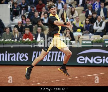 Greek tennis player Stefanos Tsitsipas in action at the French Open 2024, Roland Garros, Paris, France. Stock Photo