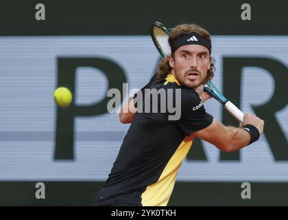 Greek tennis player Stefanos Tsitsipas in action at the French Open 2024, Roland Garros, Paris, France. Stock Photo