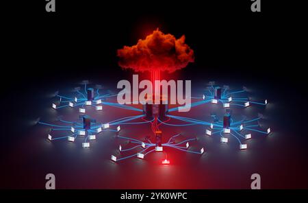 Cloud cybersecurity, compromised network infrastructure concept. Digital 3D rendering. Stock Photo