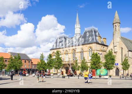 Bishop Auckland Town Hall and Bishop Auckland Library and St Anne's Church Market Place Bishop Auckland County Durham Tees Valley England UK GB Europe Stock Photo