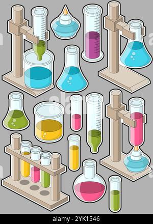 Set of stickers with chemical equipment. Isometric. Isolated on gray background. Vector illustration. Stock Vector