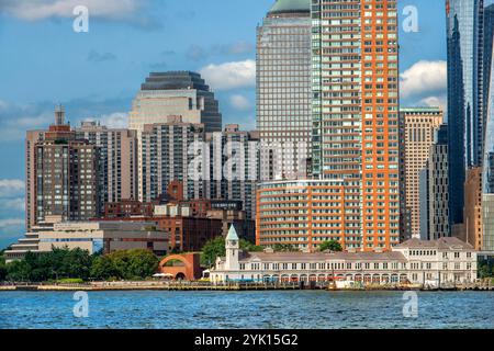 Pier A with a clock tower installed in 1919, is the last surviving 19th-century pier on the Hudson River in Manhattan. Stock Photo