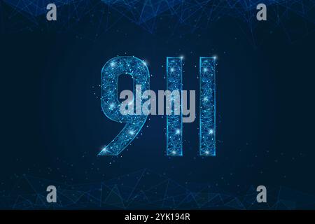 Abstract isolated blue image of The symbolic number 911 nine hundred eleven . Polygonal low poly wireframe illustration looks like stars in the black Stock Vector