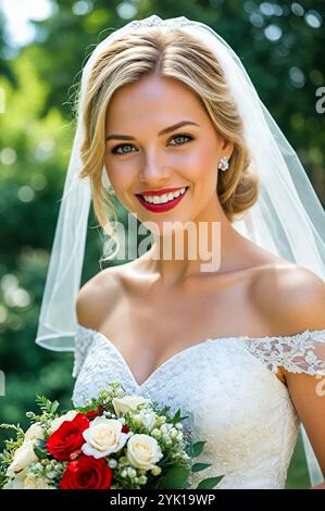 portrait of woman in the veil with a bouquet of roses Stock Photo - Alamy
