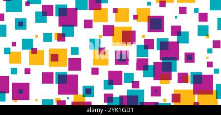 Bluish cyan, orangey yellow and dark carnation pink overlayed squares on white background. Vector graphic pattern Stock Vector