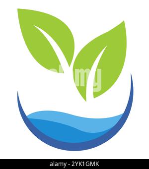 logo shows two bright green leaves growing above a blue water wave on a white background. The concept represents hydroponics, gardening, and eco-frien Stock Vector