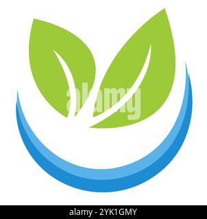 two green leaves above a blue curved line, forming an abstract logo. The background is white. The concept represents eco-friendliness, hydroponic gard Stock Vector